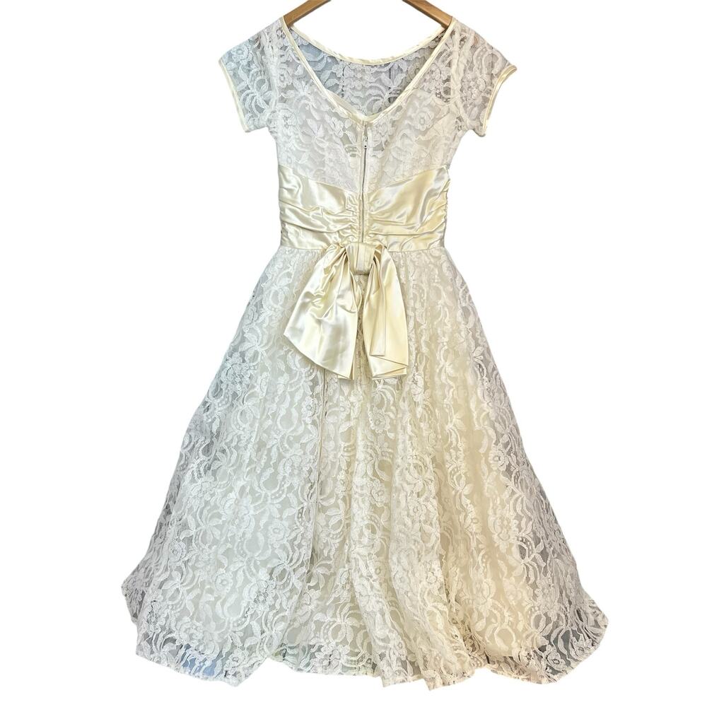 Lorrie Deb 1950s Cream White Lace Dress Union Made Vintage Wedding Fit Flair